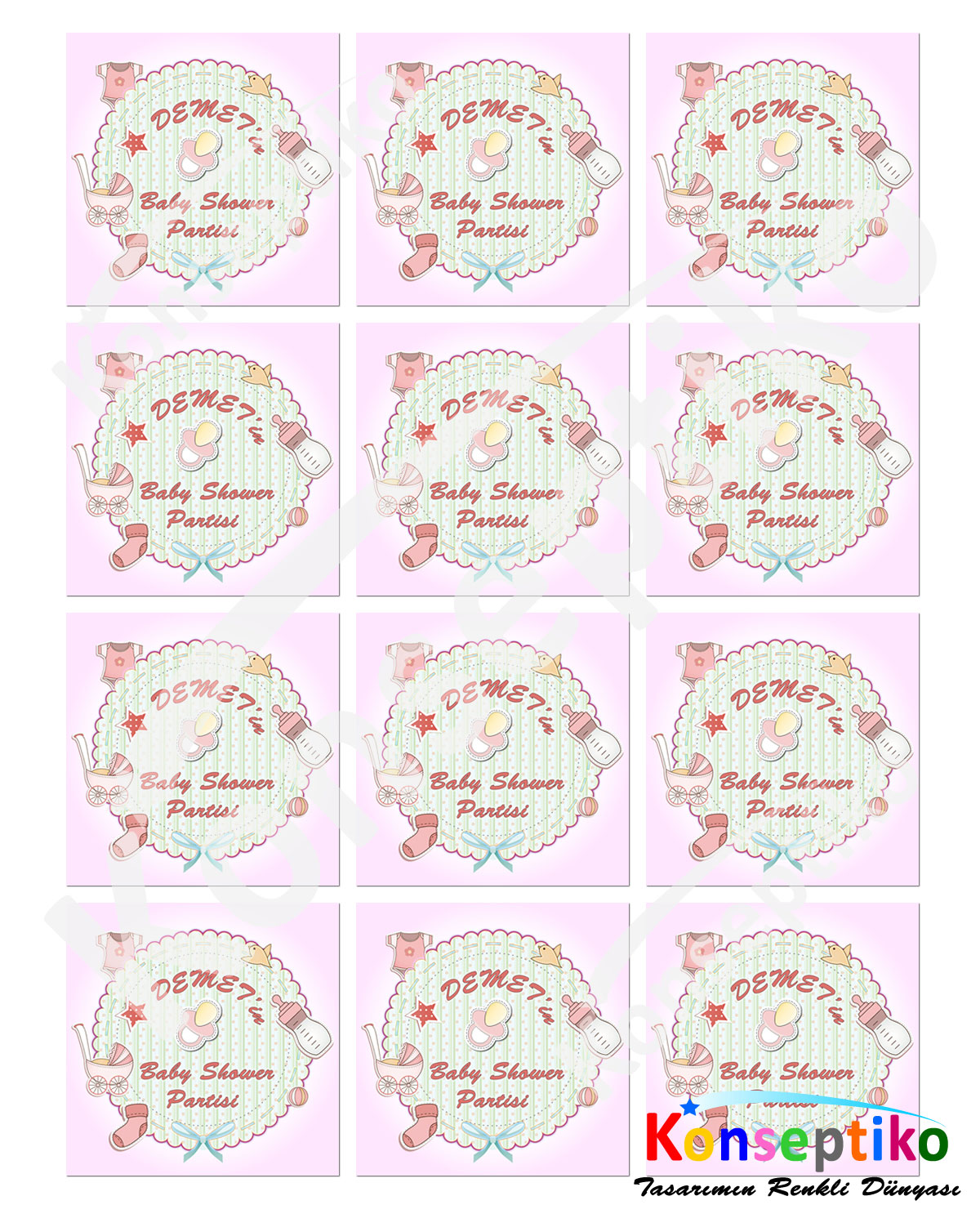 Pink Baby Shower - Kare Etiket 40'lı